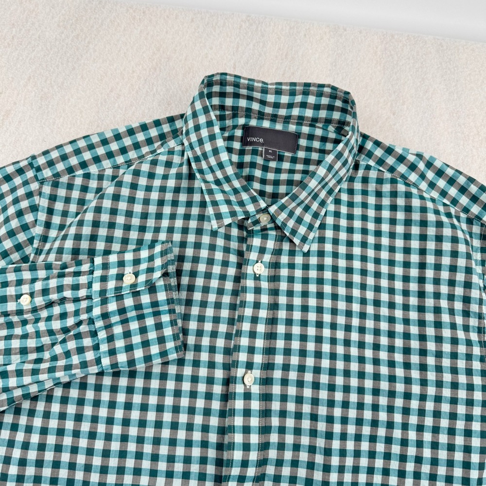 Vince Mens XL Lightweight Long Sleeve Button Down Green Gingham Preppy Casual